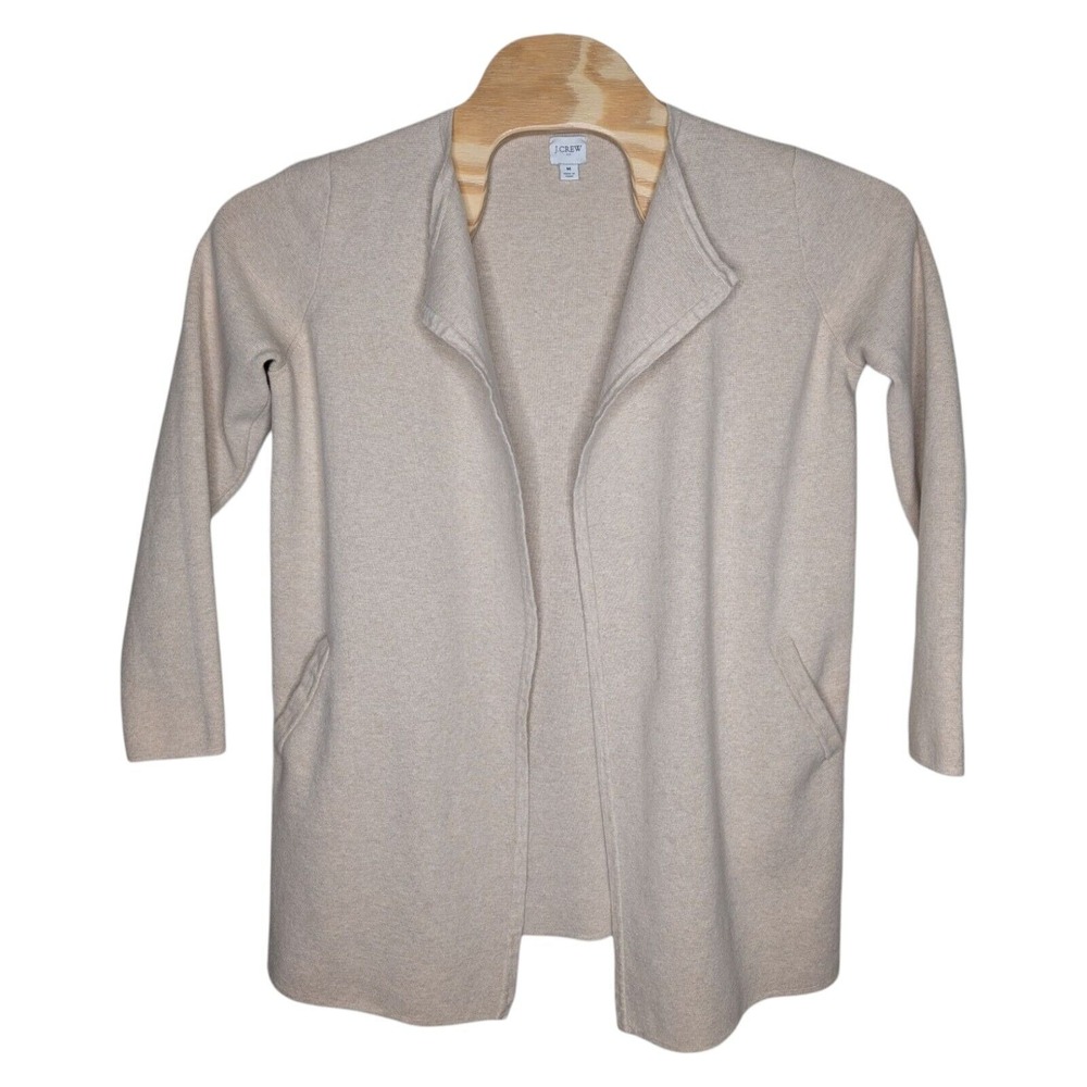 J Crew Women's Sweater Open Front Cardigan Medium Beige Cream Long Sleeve Pocket